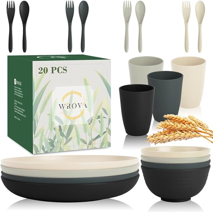 Wrova Wheat Straw Dinnerware Sets for 4, 20-Piece Reusable Kids Plates and Bowls Sets with Flatwares, Unbreakable Bowls and Plates Sets with Cups, Microwave Safe Dishes Set for Kitchen. Black & Grey