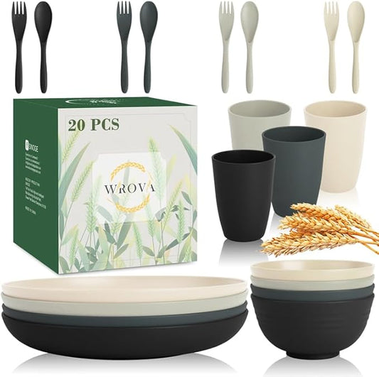 Wrova Wheat Straw Dinnerware Sets for 4, 20-Piece Reusable Kids Plates and Bowls Sets with Flatwares, Unbreakable Bowls and Plates Sets with Cups, Microwave Safe Dishes Set for Kitchen. Black & Grey