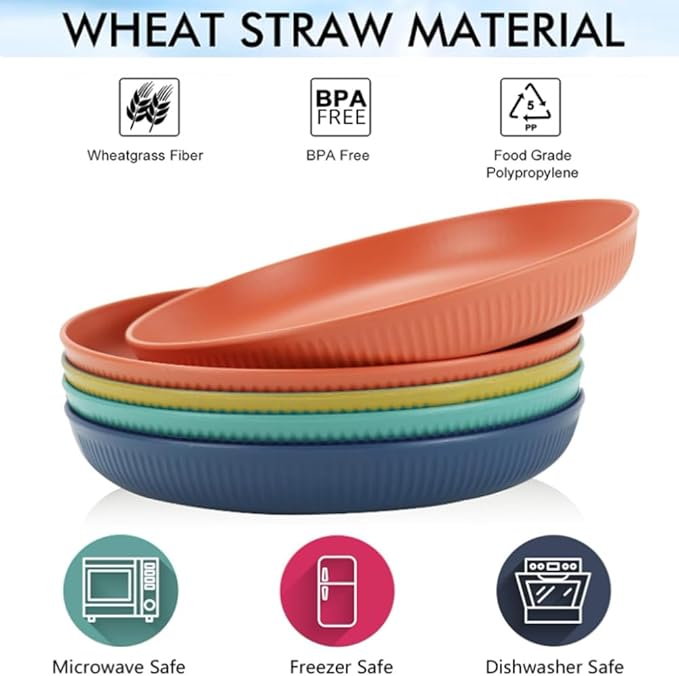LRUUIDDE Lightweight Wheat Straw Plates 9 Inch, Microwave and Dishwasher Safe BPA Free and Healthy Reusable Unbreakable Deep Dinner Plates, Outdoor for Picnic, Camping (4pack)