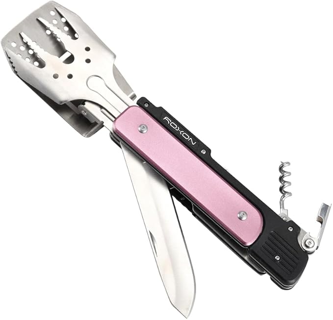 ROXON S601 14" 6 in 1 MBT3 Folding Grill Utensils Set Fork Spatula Grilling Knife Tongs Opener for Backyard Barbecue and Camping (Pink)