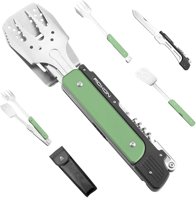 ROXON S601 14" 6 in 1 MBT3 Folding Grill Utensils Set Fork Spatula Grilling Knife Tongs Opener for Backyard Barbecue and Camping(Green)