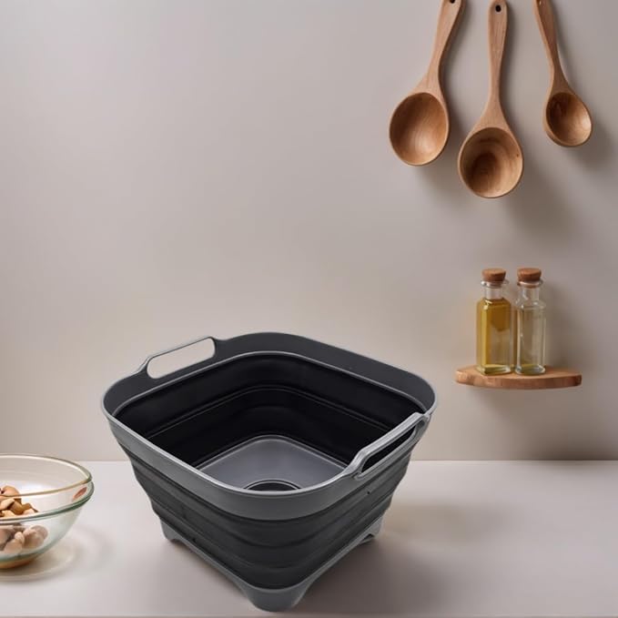 SAMMART 10L (2.64 Gallon) Collapsible Dishpan with Draining Plug - Foldable Washing Basin - Portable Dish Washing Tub - Space Saving Kitchen Storage Tray (1, Grey/Black)