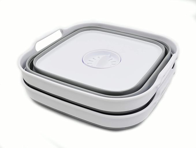 SAMMART 10L (2.64 gallon) Collapsible Dishpan with Draining Plug - Foldable Washing Basin - Portable Dish Washing Tub - Space Saving Kitchen Storage Tray (2, White/Grey)