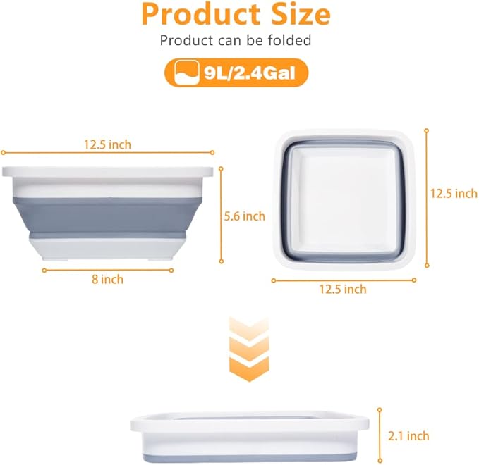 2.4 Gal(9L) Collapsible Dish Pans for Washing Dishes, Space Saving Multiuse Foldable Sink Tub, Kitchen Storage Tray for Outdoor Camping, Vegetable Washing, RV (Gray)