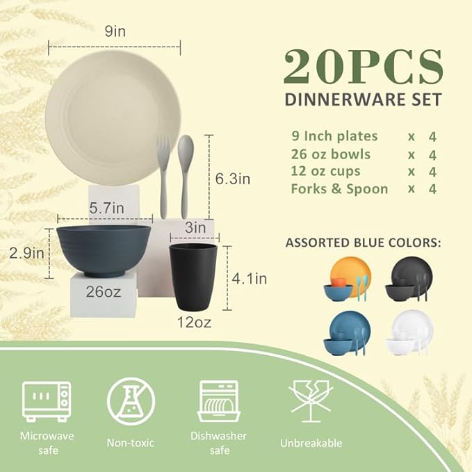 Wrova Wheat Straw Dinnerware Sets for 4, 20-Piece Reusable Kids Plates and Bowls Sets with Flatwares, Unbreakable Bowls and Plates Sets with Cups, Microwave Safe Dishes Set for Kitchen. Black & Grey