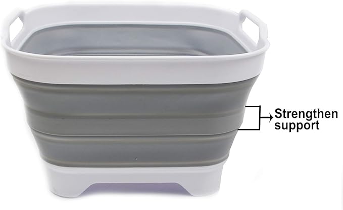SAMMART 10L (2.64 gallon) Collapsible Dishpan with Draining Plug - Foldable Washing Basin - Portable Dish Washing Tub - Space Saving Kitchen Storage Tray (1, White/Grey)