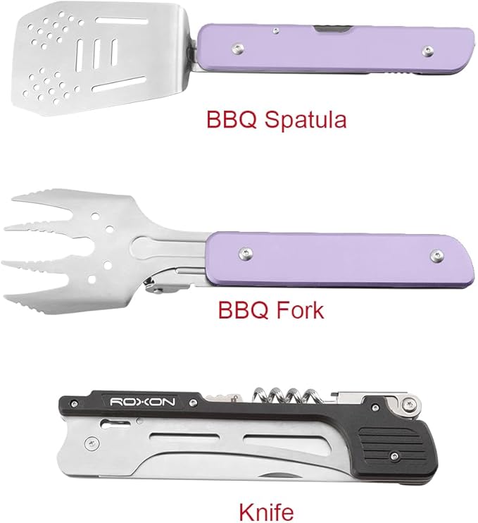 ROXON S601 14" 6 in 1 MBT3 Folding Grill Utensils Set Fork Spatula Grilling Knife Tongs Opener for Backyard Barbecue and Camping (Purple)