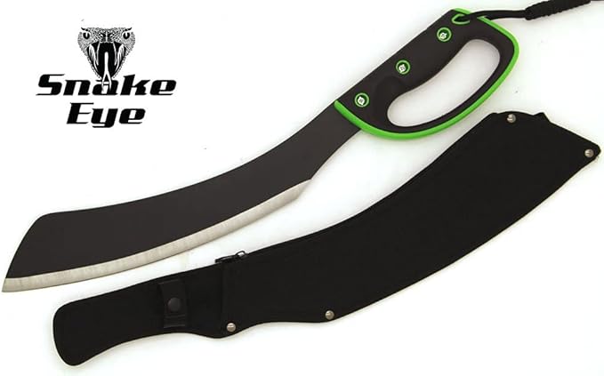 Snake Eye Tactical Full-Tang Machete – Heavy Duty Fixed Blade Survival Tool with Reinforced Nylon Sheath for Camping, Hunting, and Bushcraft (Black & Green)