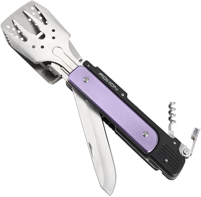 ROXON S601 14" 6 in 1 MBT3 Folding Grill Utensils Set Fork Spatula Grilling Knife Tongs Opener for Backyard Barbecue and Camping (Purple)