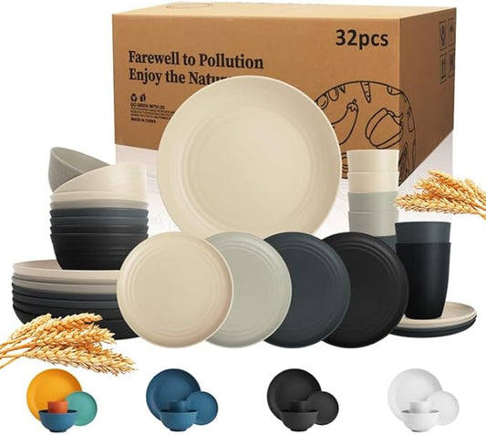 Wrova 32-Piece Wheat Straw Dinnerware Sets for 8, Dishwasher Safe Unbreakable Kitchen Bowls and Plates Sets with Cups, Alternative to Plastic Dish Sets for Camping, Dorm, R.V. Black & Grey