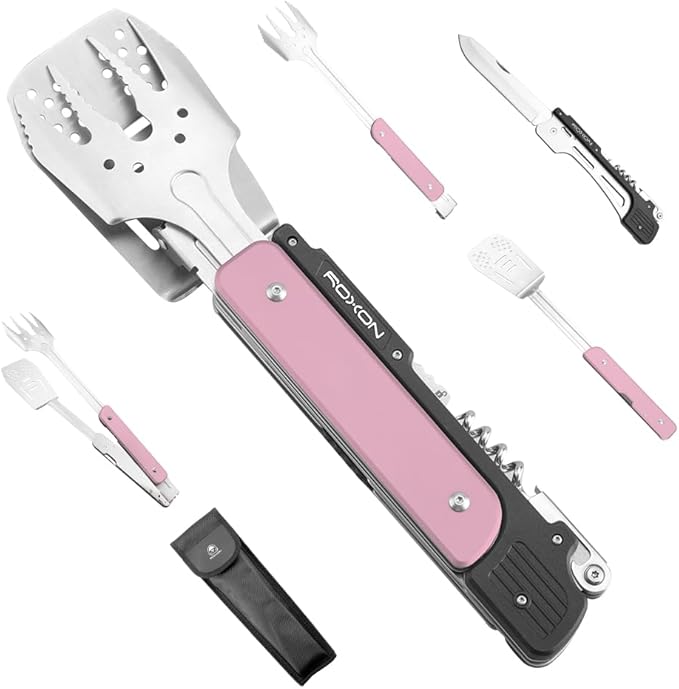 ROXON S601 14" 6 in 1 MBT3 Folding Grill Utensils Set Fork Spatula Grilling Knife Tongs Opener for Backyard Barbecue and Camping (Pink)
