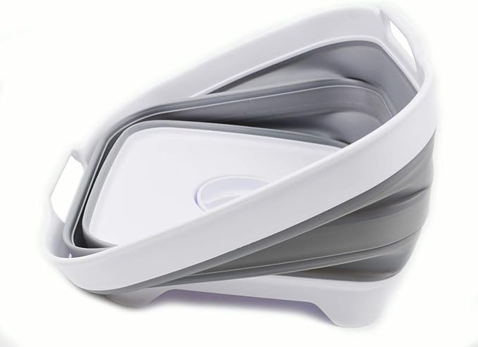 SAMMART 10L (2.64 gallon) Collapsible Dishpan with Draining Plug - Foldable Washing Basin - Portable Dish Washing Tub - Space Saving Kitchen Storage Tray (1, White/Grey)