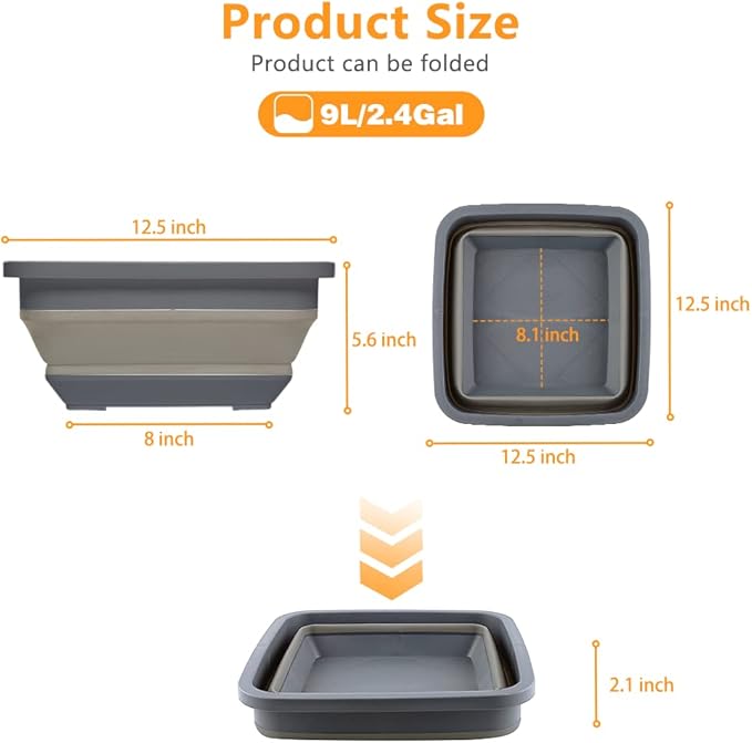 Goderewild 2.4 Gal(9L) Collapsible Dish Pans for Washing Dishes, Space Saving Multiuse Foldable Sink Tub, Kitchen Storage Tray for Outdoor Camping, Vegetable Washing, RV (Black)