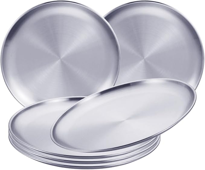 Stainless Steel Plates,6 Pcs 8Inch Dinner Platess Camping Plate,Perfect for Snack Candy Pizza Fruit Camping Etc.Reusable and Dishwasher Safe (6, 8 inches)