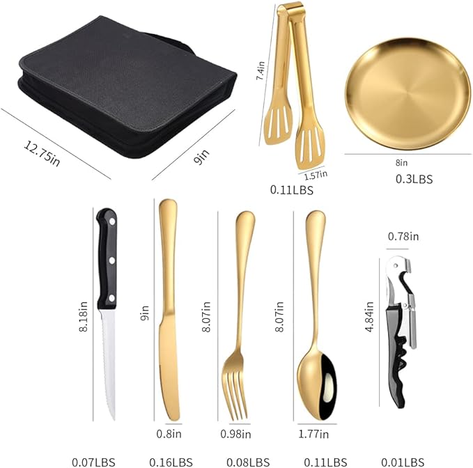 Picnic Dishes Utensils Gold Camping Flatware Set for 4 Portable Dinnerware Plates Silverware Forks Spoons knives Bottle Opener Food Tongs Complete Kit with Zipper Bag