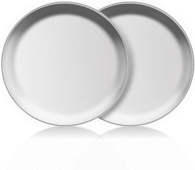 Stainless Steel Plate 2 Set Reusable Round Metal Dinner Plates 13.5 Inch - Vintage Silver Heavy Duty Kitchenware Dinner Dishes for Snack,Camping,BBQ Steak,Dishwasher Safe