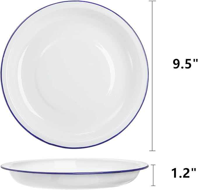 Dicunoy Set of 5 Enamel Plates, 9.5" Unbreakable Enamelware Dinner Serving Platter Trays, Retro White Round Shallow Bowls with Blue Rim for Pasta, Salad, Camping, Outdoor, Picnic, BBQ
