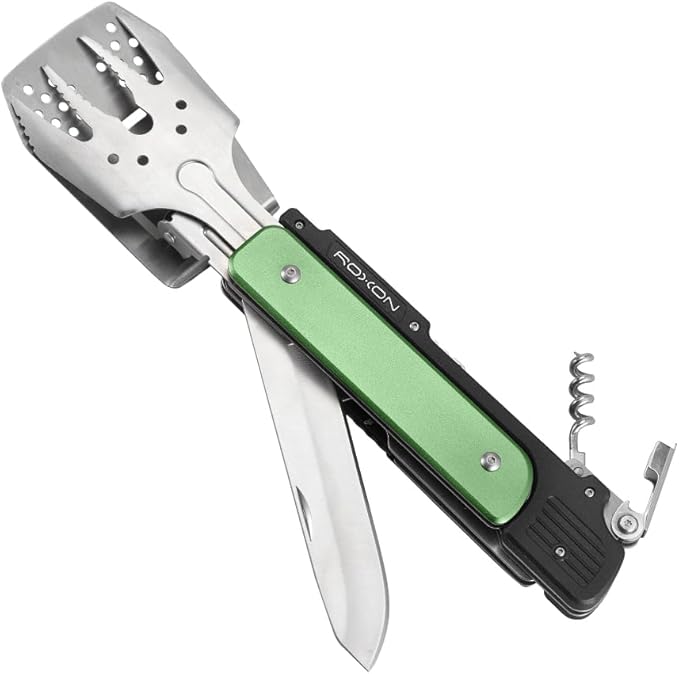 ROXON S601 14" 6 in 1 MBT3 Folding Grill Utensils Set Fork Spatula Grilling Knife Tongs Opener for Backyard Barbecue and Camping(Green)