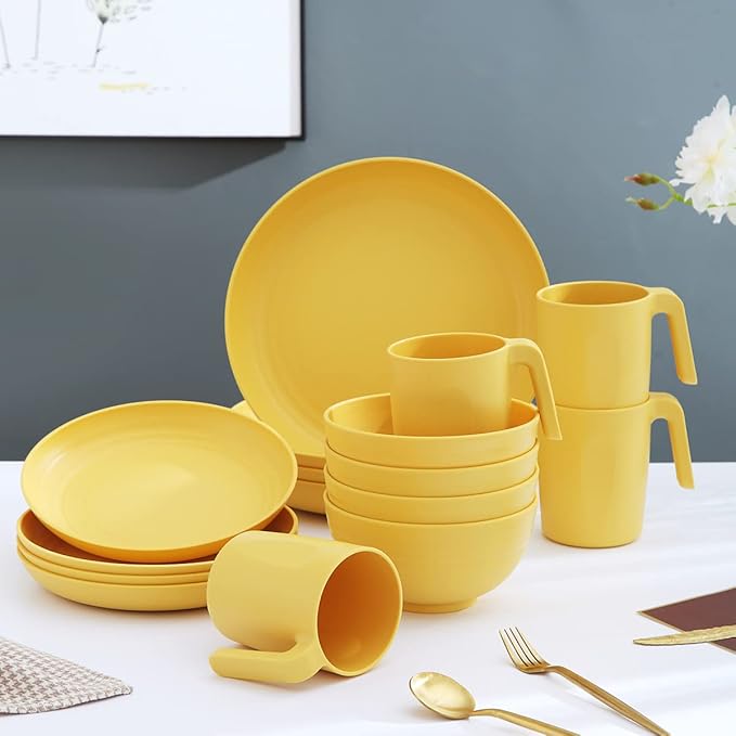 Kyraton Plastic Dinnerware Set of 16 Pieces, Unbreakable And Reusable Light Weight Plates Mugs Bowls Dishes Easy to Carry And Clean Microwave Safe BPA Free Dishwasher Safe Service For 4 (Gold Yellow)