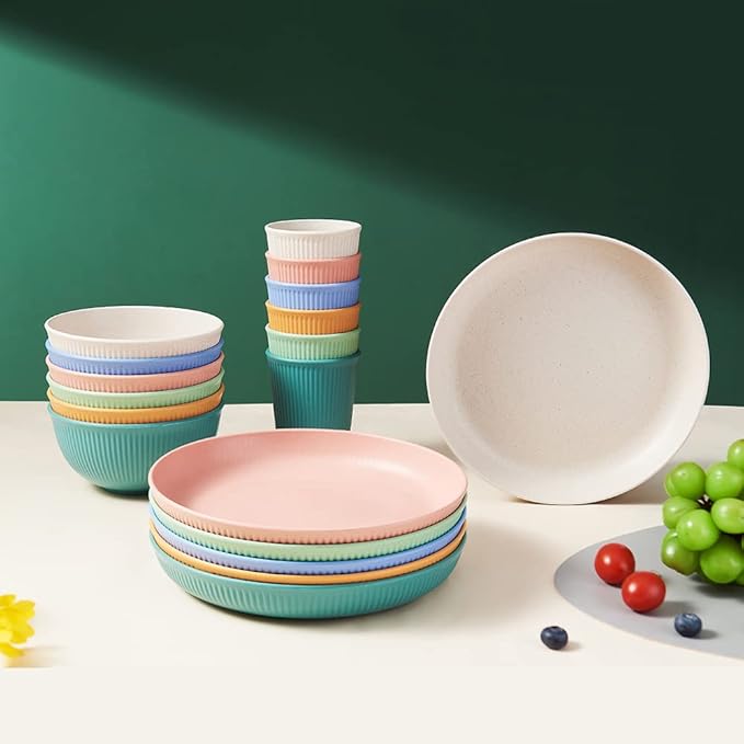 18pcs Wheat Straw Dinnerware Sets, HXYPN Unbreakable Reusable Dinnerware Set Kitchen Cups Plates and Bowls Sets Dishwasher Microwave Safe Plates