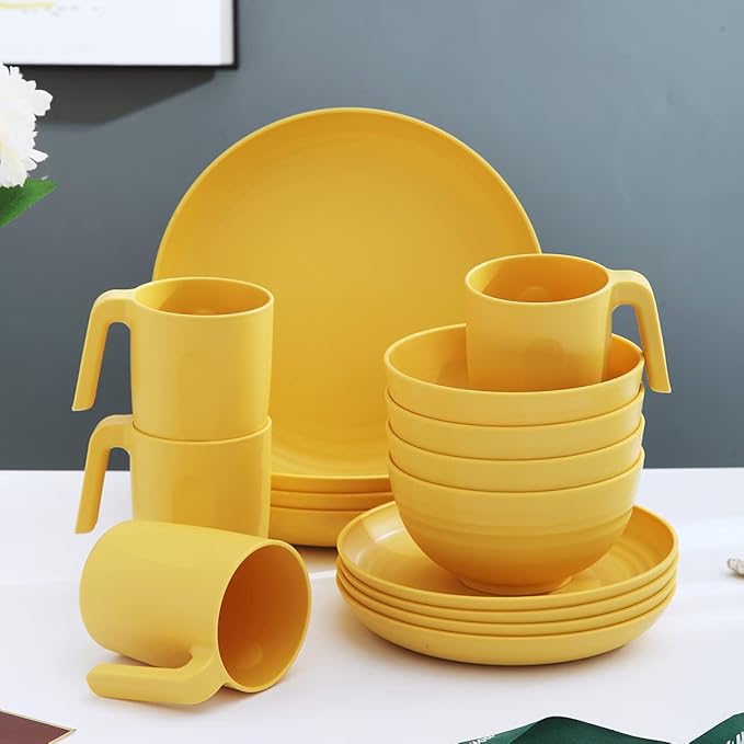 Kyraton Plastic Dinnerware Set of 16 Pieces, Unbreakable And Reusable Light Weight Plates Mugs Bowls Dishes Easy to Carry And Clean Microwave Safe BPA Free Dishwasher Safe Service For 4 (Gold Yellow)