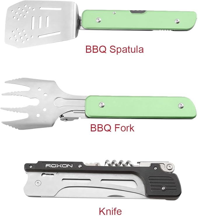 ROXON S601 14" 6 in 1 MBT3 Folding Grill Utensils Set Fork Spatula Grilling Knife Tongs Opener for Backyard Barbecue and Camping(Green)
