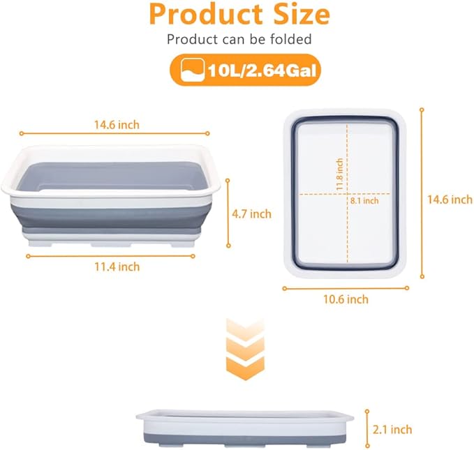 Goderewild Collapsible Dish Pans – 10L (2.6 Gal) Foldable Sink Tub, 14.5'' x 10.5'' x 5", Compact and Space-Saving Multiuse Foldable Basin for Dish Washing, Camping, RV and Vegetable Cleaning