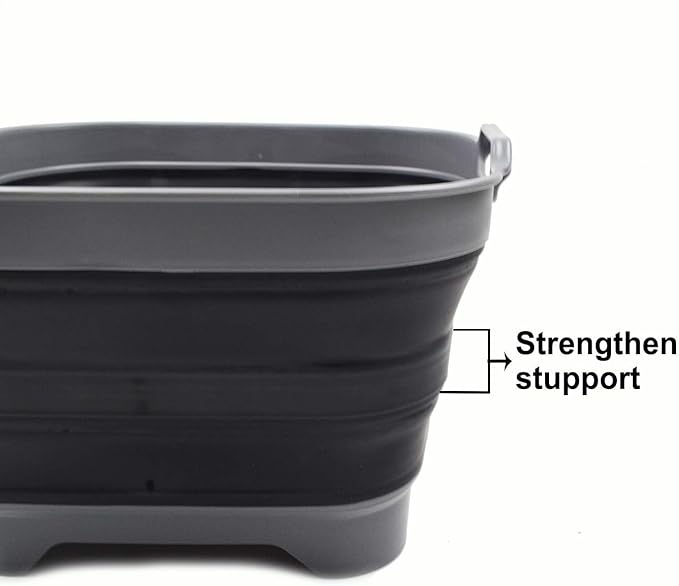 SAMMART 10L (2.64 Gallon) Collapsible Dishpan with Draining Plug - Foldable Washing Basin - Portable Dish Washing Tub - Space Saving Kitchen Storage Tray (1, Grey/Black)