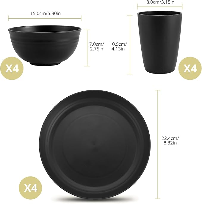 Anbte Plastic Camping Plates and Bowls Set, 12pcs Unbreakable Camping Dinner Set for 4, Reusable, Microwave & Dishwasher Safe Dinner Set, for Kitchen Outdoor Travel Picnic