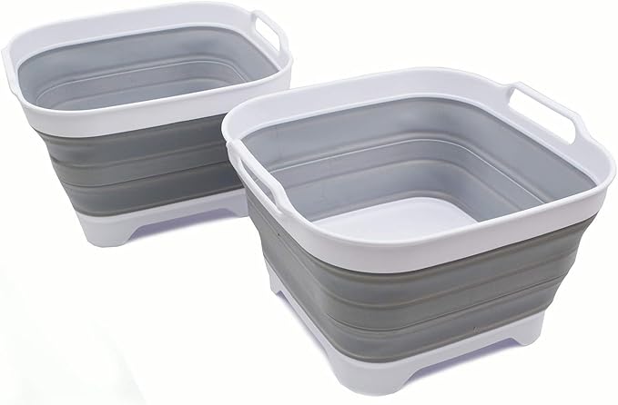 SAMMART 10L (2.64 gallon) Collapsible Dishpan with Draining Plug - Foldable Washing Basin - Portable Dish Washing Tub - Space Saving Kitchen Storage Tray (2, White/Grey)