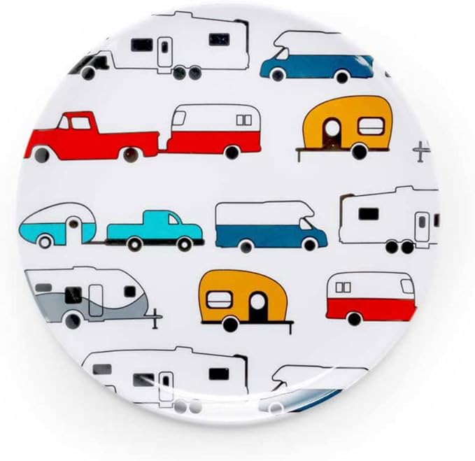 Camco Life is Better at The Campsite Small Salad Plate - White with Multicolor Retro RV, Trailer and Camper Print , Great for Salads and Deserts, BPA Free, Melamine (53223)