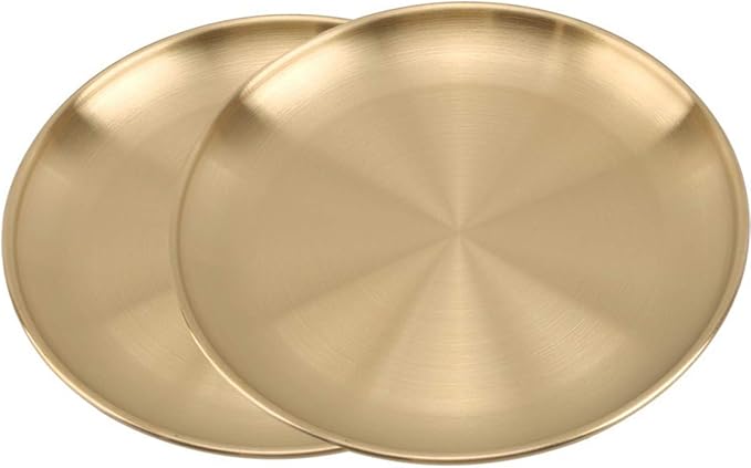 Stainless Steel Gold Plates 2 Set Round Dinner Dishes 12 Inch Metal Plates Great for Picnic,Outdoor Camping Plate,Shatterproof Dishwasher Safe