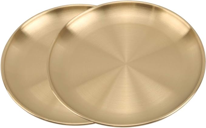 Stainless Steel Gold Plates 2 Set Round Dinner Dishes 9 Inch Metal Plates Great for Picnic,Outdoor Camping Plate,Shatterproof Dishwasher Safe