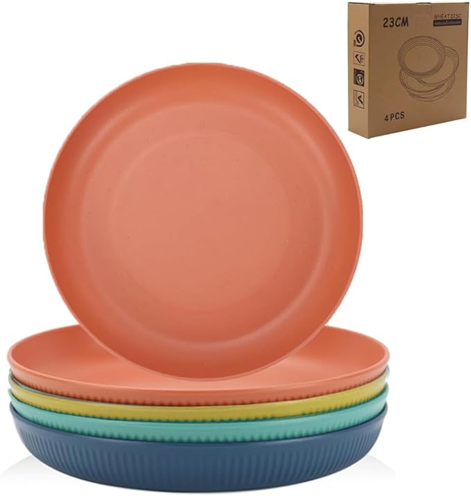 LRUUIDDE Lightweight Wheat Straw Plates 9 Inch, Microwave and Dishwasher Safe BPA Free and Healthy Reusable Unbreakable Deep Dinner Plates, Outdoor for Picnic, Camping (4pack)