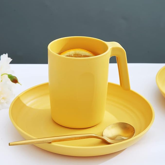 Kyraton Plastic Dinnerware Set of 16 Pieces, Unbreakable And Reusable Light Weight Plates Mugs Bowls Dishes Easy to Carry And Clean Microwave Safe BPA Free Dishwasher Safe Service For 4 (Gold Yellow)