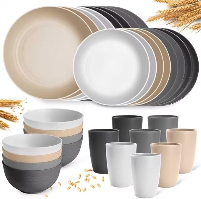 Wheat Straw Dinnerware Sets for 8, 32Pcs Lightweight Unbreakable Plates and Bowls Sets for Elderly Kids, Dishwasher Microwave Safe Plastic Dinnerware set, Plastic Dishes Set for Camping Rv