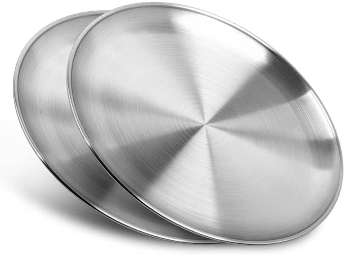 Stainless Steel Plates,2 PCS 10 inch Round Metal Food Serving Plates, Dinner Plates for Outdoor Camping Hiking, Party Serving, Feeding,Non Toxic & Reusable, Dishwasher Safe