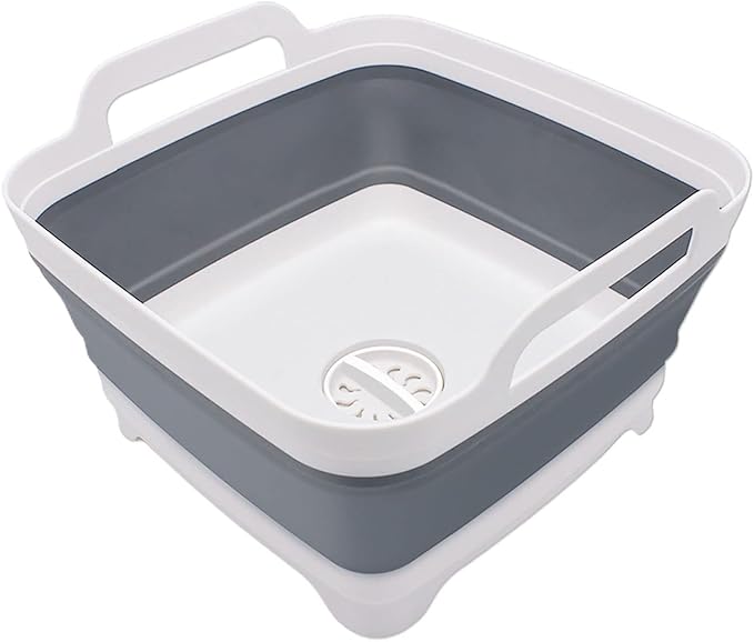 2.4 Gal(9L) Collapsible Dish Basin with Drain Plug, Space Saving Outdoor Multiuse Foldable Sink Tub, Dishpan, Kitchen Storage Tray for Camping, Vegetable Washing, RV (Gray)