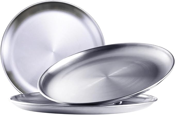 Stainless Steel Plates,3Pcs 8Inch Dinner Dishes Plates Camping Plate,Perfect for Snack Candy Pizza Fruit Camping Etc Reusable and Dishwasher Safe (3, 8 inches)
