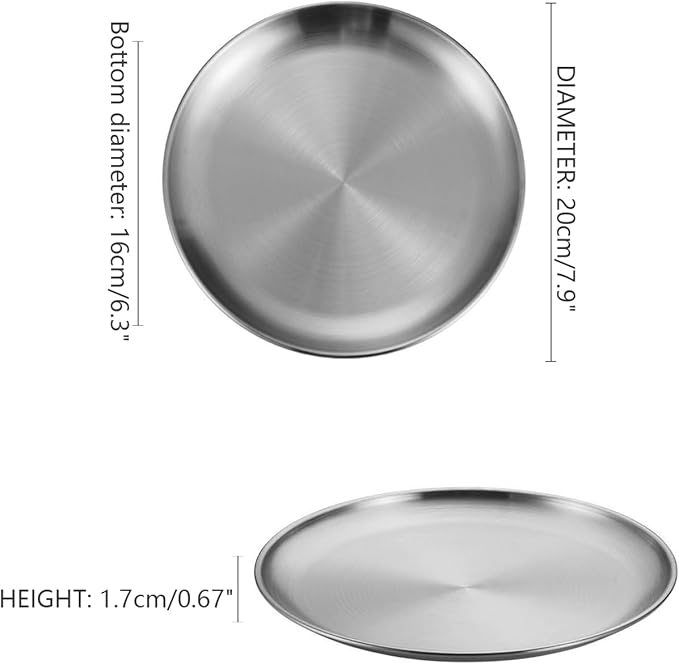 Stainless Steel Plates,6 Pcs 8Inch Dinner Platess Camping Plate,Perfect for Snack Candy Pizza Fruit Camping Etc.Reusable and Dishwasher Safe (6, 8 inches)