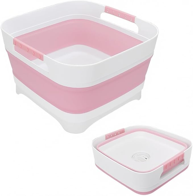 Collapsible Dish Basin with Drain Plug, 2.4 Gal 9L Foldable Wash Basin, Portable Sink Tub for Kitchen, Baby Bottles, Camping, RV, Vegetable Washing and Beverage Tub, Pink