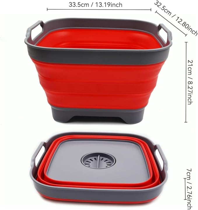 SAMMART 10L (2.64 Gallon) Collapsible Dishpan with Draining Plug - Foldable Washing Basin - Portable Dish Washing Tub - Space Saving Kitchen Storage Tray (1, Grey/Red)