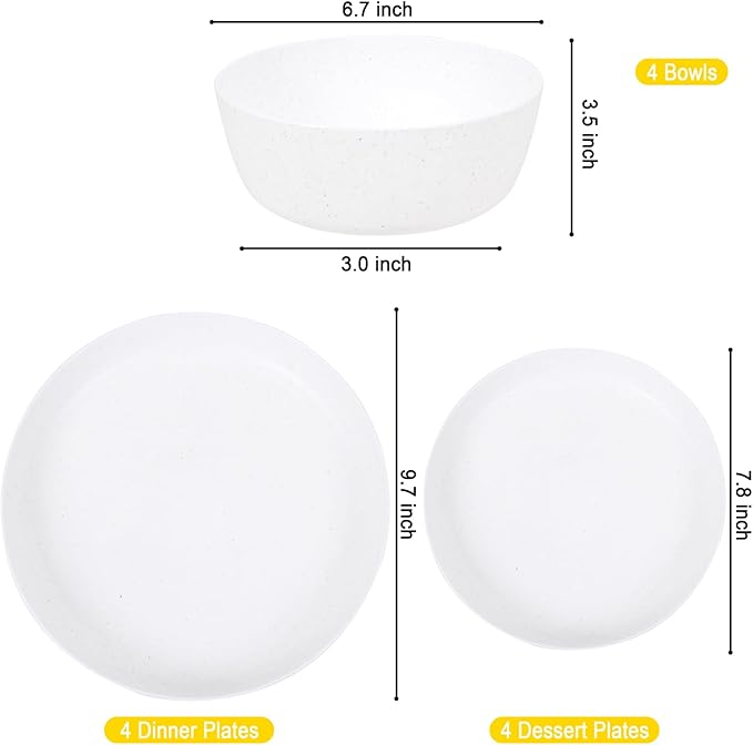 EI 12pcs White Wheat Straw Plates,Wheat Straw Dinnerware Set,Plates and Bowls Sets,Unbreakable Plastic Plate,Plastic Plates Reusable,Dinner Plates Set of 4,Plastic Dishes Set