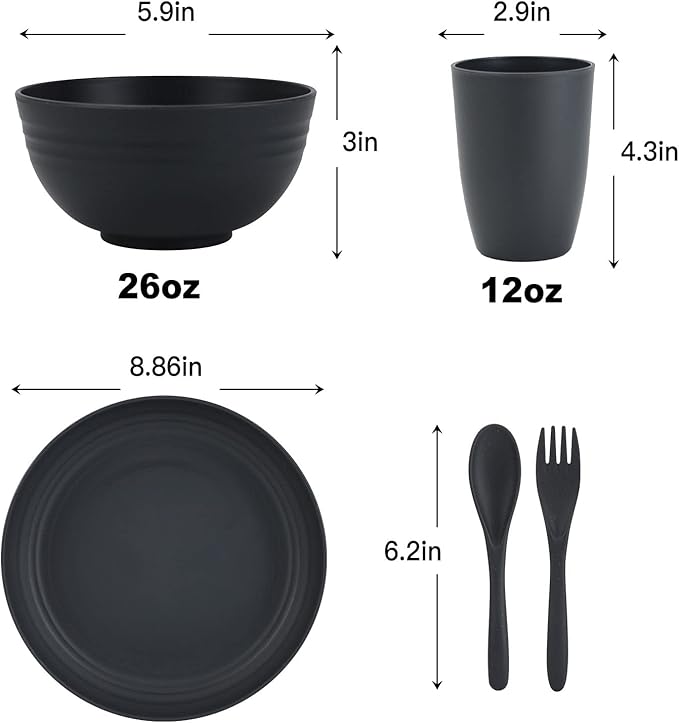 PYRMONT Wheat Straw Dishes Set for 4 Microwave Safe Plates and Bowls Sets 20-Piece Unbreakable Plastic Dinnerware Sets Alternative Dishwasher Plastic Plates for Kitchen,Outdoors-Dark Grey