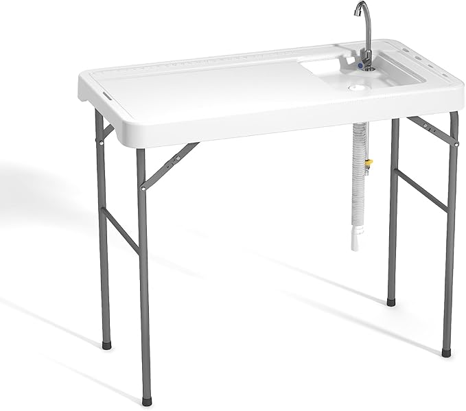 Fish Cleaning Table with Sink, 42.5" Folding Camping Table & Fish Cleaning Station with Measure Mark, Camping Sink with Hose Hookup for Outdoor Picnic, Beach, Dock & Patio Use