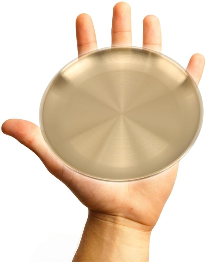 Stainless Steel Gold Plates 2 Set Round Stainless Steel Dinner Dishes Metal Trays 5.5 Inch Great for Picnic,Outdoor Camping Plate,Shatterproof, Dishwasher Safe