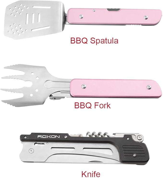 ROXON S601 14" 6 in 1 MBT3 Folding Grill Utensils Set Fork Spatula Grilling Knife Tongs Opener for Backyard Barbecue and Camping (Pink)
