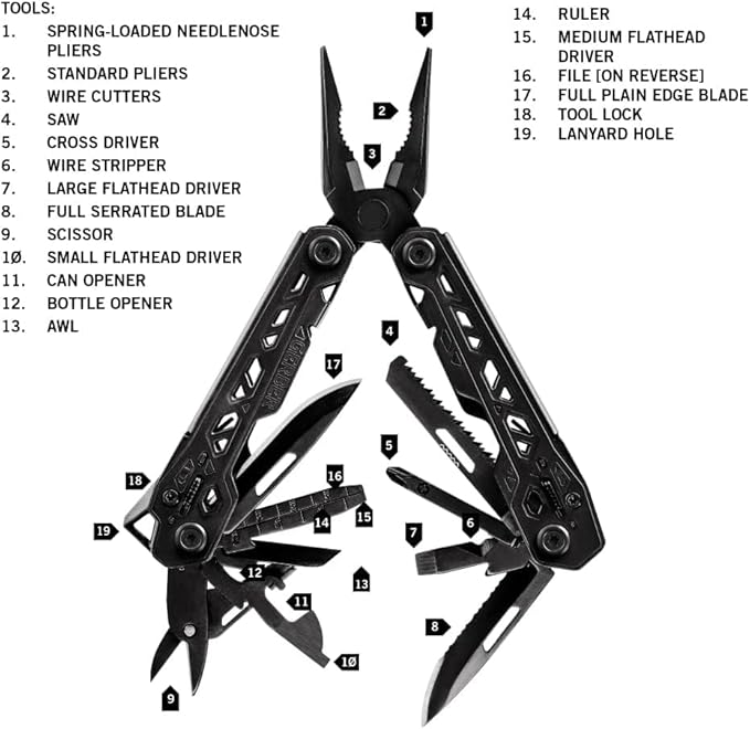 Gerber Gear Truss Multitool, Gifts for Men, 17-in-1 EDC Needle Nose Pliers, includes Pocket Knife, Screwdriver, and Bottle Opener Accessories, Fishing and Camping Gear, Black (Pack of 12)