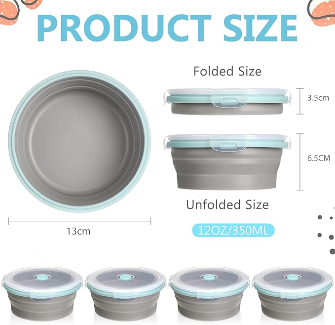 Suclain 4 Pcs Collapsible Bowls with Lids Silicone Camping Food Storage Container Expandable Folding Salad Lunch Box Travel Container for Hiking Camping