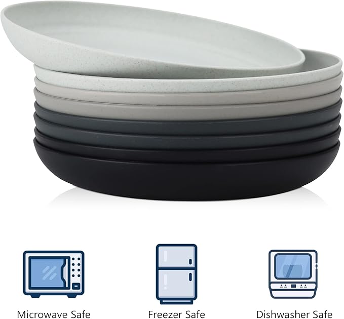 Homienly Deep Dinner Plates Set of 8 Alternative for Plastic Microwave and Dishwasher Safe Wheat Straw Kitchen Unbreakable Kids with 4 Colors (Stone Grey, 8 inch),(Deep plates-8)